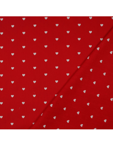 Tissu, Popeline de Coton Cœurs, Blanc & Rouge, Laize 148 cm, 100% Coton 110g/m²
