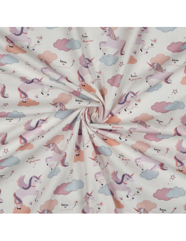 Tissu, Popeline de Coton Licornes et Nuages, Blanc Rose Gris Jaune, Laize 148 cm, 100% Coton 110g/m²