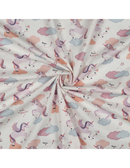 Tissu, Popeline de Coton Licornes et Nuages, Blanc Rose Gris Jaune, Laize 148 cm, 100% Coton 110g/m²