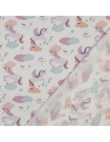 Tissu, Popeline de Coton Licornes et Nuages, Blanc Rose Gris Jaune, Laize 148 cm, 100% Coton 110g/m²