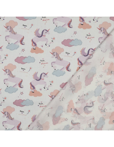 Tissu, Popeline de Coton Licornes et Nuages, Blanc Rose Gris Jaune, Laize 148 cm, 100% Coton 110g/m²