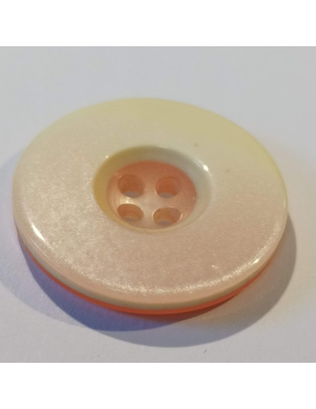 Bouton polyester 4 trous, 23mm, rond, blanc cassé/rose orangé