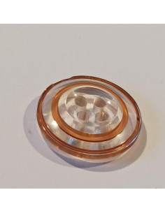 Bouton polyester 4 trous,18mm, rond, transparent  rose/marron 2