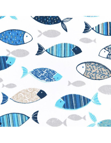 Tissu, Coton Enduit Banc de Poissons, Bleu Denim, Laize 140 cm, 87% Coton 145g/m²
