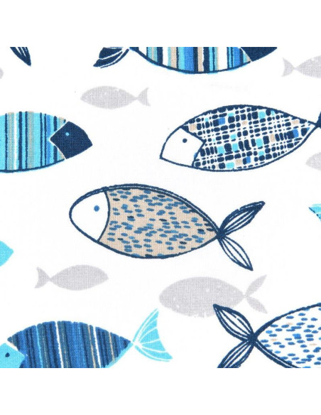 Tissu, Coton Enduit Banc de Poissons, Bleu Denim, Laize 140 cm, 87% Coton 145g/m²