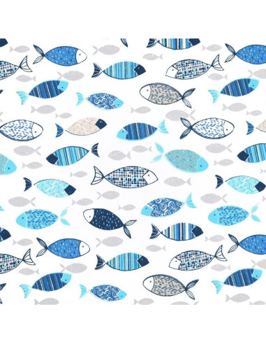 Tissu, Coton Enduit Banc de Poissons, Bleu Denim, Laize 140 cm, 87% Coton 145g/m²