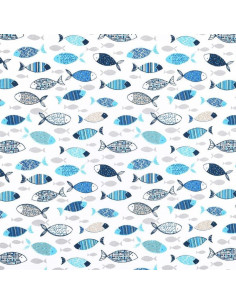 Tissu, Coton Enduit Banc de Poissons, Bleu Denim, Laize 140 cm, 87% Coton 145g/m²