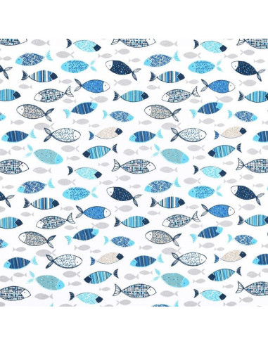 Tissu, Coton Enduit Banc de Poissons, Bleu Denim, Laize 140 cm, 87% Coton 145g/m²