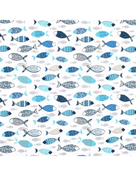 Tissu, Coton Enduit Banc de Poissons, Bleu Denim, Laize 140 cm, 87% Coton 145g/m²