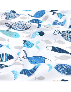 Tissu, Coton Enduit Banc de Poissons, Bleu Denim, Laize 140 cm, 87% Coton 145g/m² 2