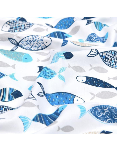 Tissu, Coton Enduit Banc de Poissons, Bleu Denim, Laize 140 cm, 87% Coton 145g/m²
