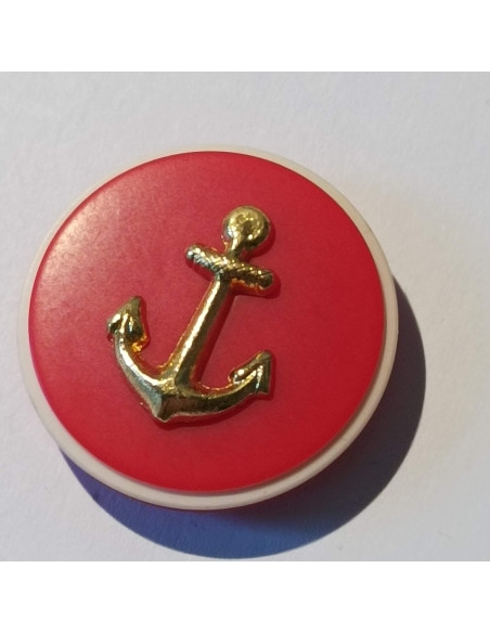 Bouton polyester à pied, 29mm, rond rouge et ancre dorée