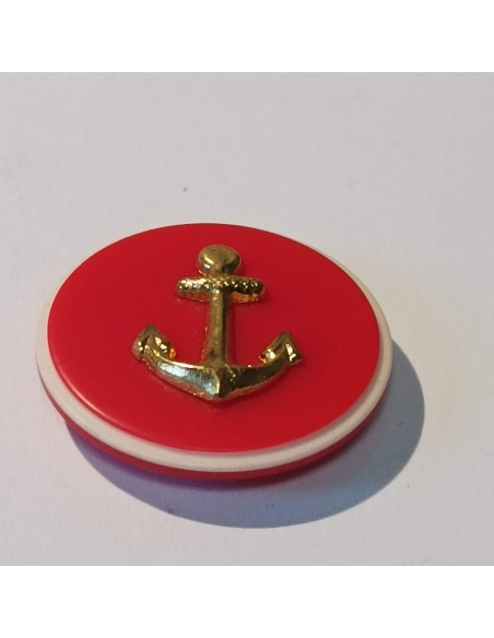 Bouton polyester à pied, 29mm, rond rouge et ancre dorée