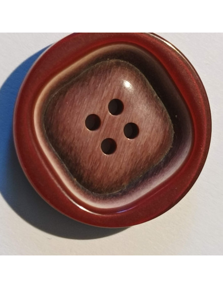 Bouton polyester 4 trous, 27mm, rond, carré bordeaux/beige
