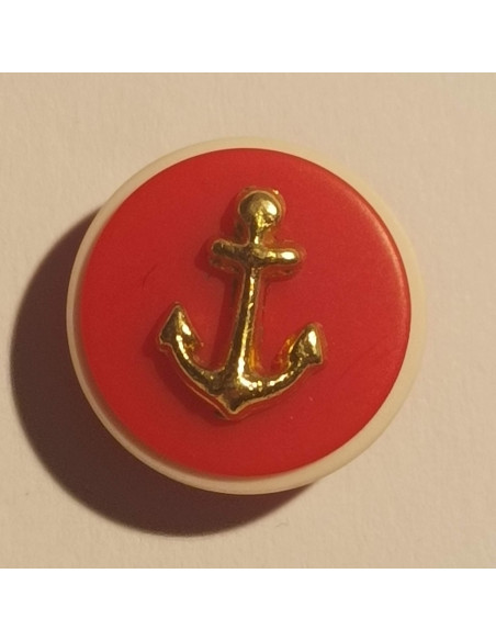 Bouton polyester à pied, 16mm, rond rouge et ancre dorée