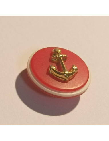 Bouton polyester à pied, 16mm, rond rouge et ancre dorée