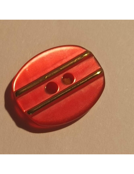 Bouton polyester 2 trous, 12mm, ovale rouge et traits dorés