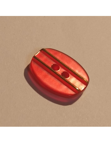 Bouton polyester 2 trous, 12mm, ovale rouge et traits dorés