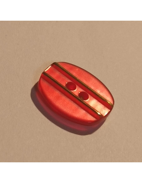Bouton polyester 2 trous, 12mm, ovale rouge et traits dorés