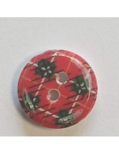 Bouton polyester 2 trous, 15mm, rond carreaux rouge et vert