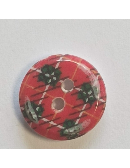 Bouton polyester 2 trous, 15mm, rond carreaux rouge et vert