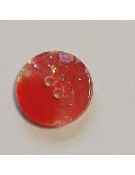 Bouton polyester 2 trous, 14mm, rond rouge, coté paillettes