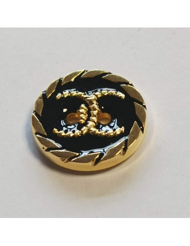 Bouton polyester 2 trous, 28 mm, noir et doré
