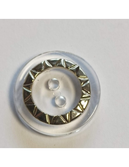 Bouton polyester 2 trous, 32 mm, transparent et argenté