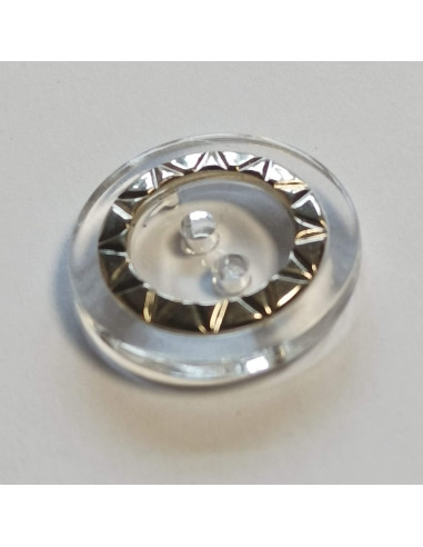 Bouton polyester 2 trous, 36 mm, transparent et argenté