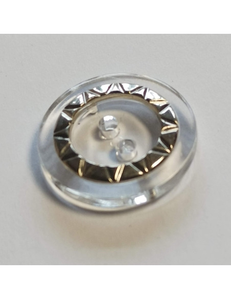 Bouton polyester 2 trous, 36 mm, transparent et argenté