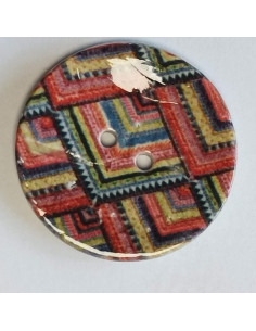 Bouton polyester 2 trous, 28 mm, rouge, imprimé géométrique