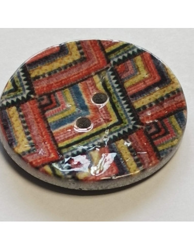 Bouton polyester 2 trous, 28 mm, rouge, imprimé géométrique