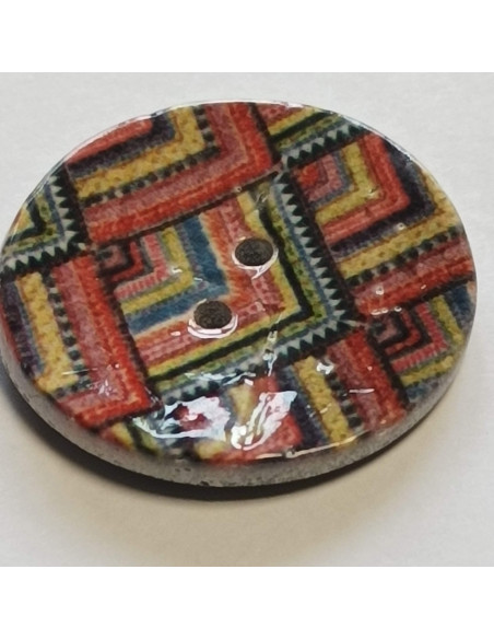 Bouton polyester 2 trous, 28 mm, rouge, imprimé géométrique