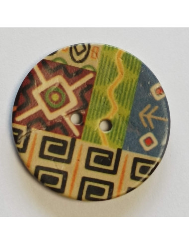 Bouton polyester 2 trous, 27 mm, rouge, imprimé géométrique et fleurs