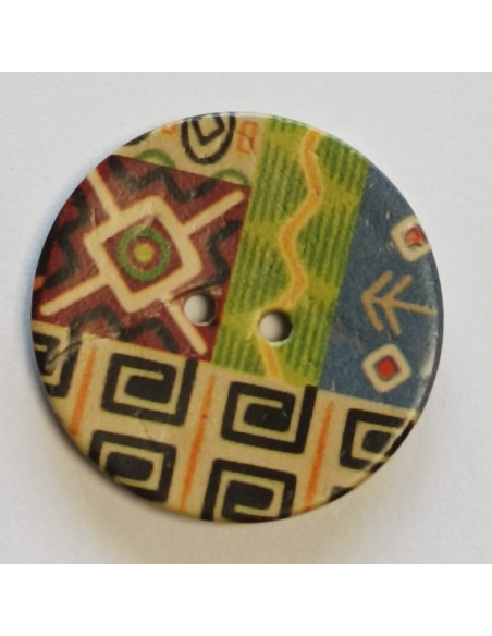 Bouton polyester 2 trous, 27 mm, rouge, imprimé géométrique et fleurs