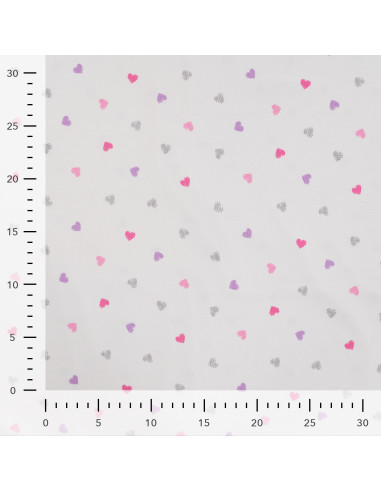 Tissu, Jersey de Coton, Cœurs Roses et Violets Pailletés sur Blanc, Laize 150 cm, Coton Stretch Oeko-Tex