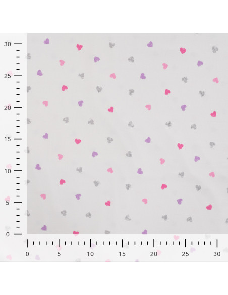 Tissu, Jersey de Coton, Cœurs Roses et Violets Pailletés sur Blanc, Laize 150 cm, Coton Stretch Oeko-Tex