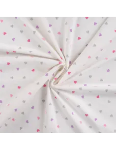 Tissu, Jersey de Coton, Cœurs Roses et Violets Pailletés sur Blanc, Laize 150 cm, Coton Stretch Oeko-Tex 2
