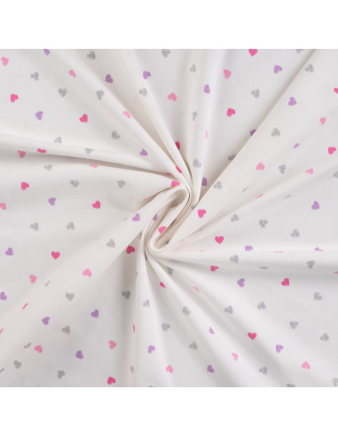 Tissu, Jersey de Coton, Cœurs Roses et Violets Pailletés sur Blanc, Laize 150 cm, Coton Stretch Oeko-Tex
