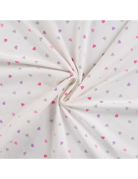 Tissu, Jersey de Coton, Cœurs Roses et Violets Pailletés sur Blanc, Laize 150 cm, Coton Stretch Oeko-Tex