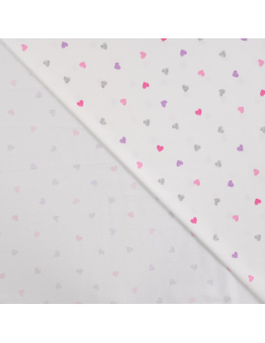 Tissu, Jersey de Coton, Cœurs Roses et Violets Pailletés sur Blanc, Laize 150 cm, Coton Stretch Oeko-Tex