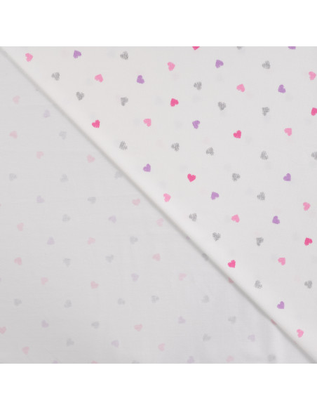 Tissu, Jersey de Coton, Cœurs Roses et Violets Pailletés sur Blanc, Laize 150 cm, Coton Stretch Oeko-Tex