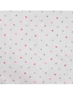 Tissu, Jersey de Coton, Cœurs Roses et Violets Pailletés sur Blanc, Laize 150 cm, Coton Stretch Oeko-Tex