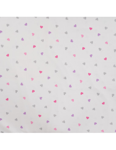 Tissu, Jersey de Coton, Cœurs Roses et Violets Pailletés sur Blanc, Laize 150 cm, Coton Stretch Oeko-Tex