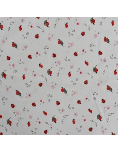 Tissu, Jersey de Coton Imprimé Coccinelles, Blanc et Rouge, Laize 150 cm, Coton Stretch Oeko-Tex