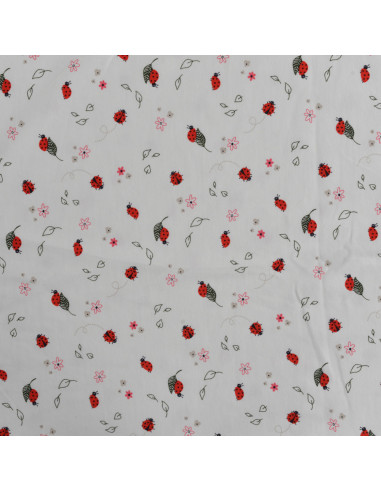 Tissu, Jersey de Coton Imprimé Coccinelles, Blanc et Rouge, Laize 150 cm, Coton Stretch Oeko-Tex