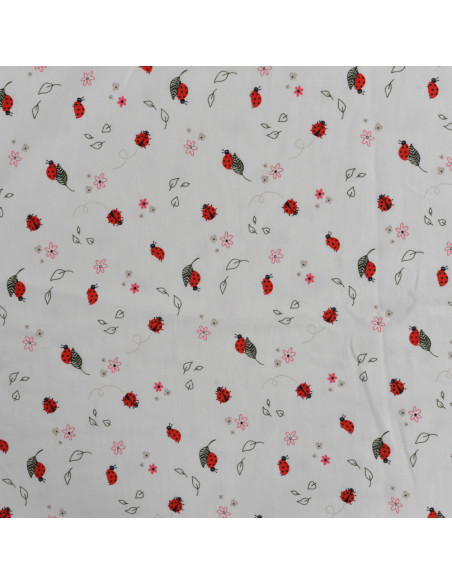 Tissu, Jersey de Coton Imprimé Coccinelles, Blanc et Rouge, Laize 150 cm, Coton Stretch Oeko-Tex