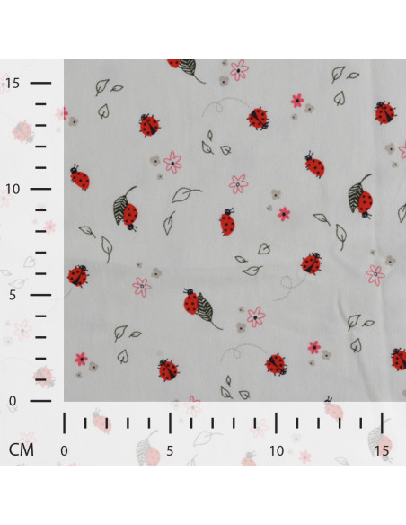 Tissu, Jersey de Coton Imprimé Coccinelles, Blanc et Rouge, Laize 150 cm, Coton Stretch Oeko-Tex
