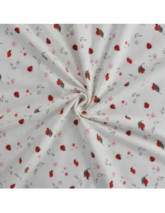 Tissu, Jersey de Coton Imprimé Coccinelles, Blanc et Rouge, Laize 150 cm, Coton Stretch Oeko-Tex 2