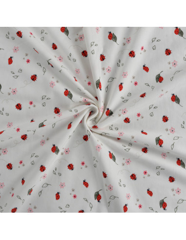 Tissu, Jersey de Coton Imprimé Coccinelles, Blanc et Rouge, Laize 150 cm, Coton Stretch Oeko-Tex